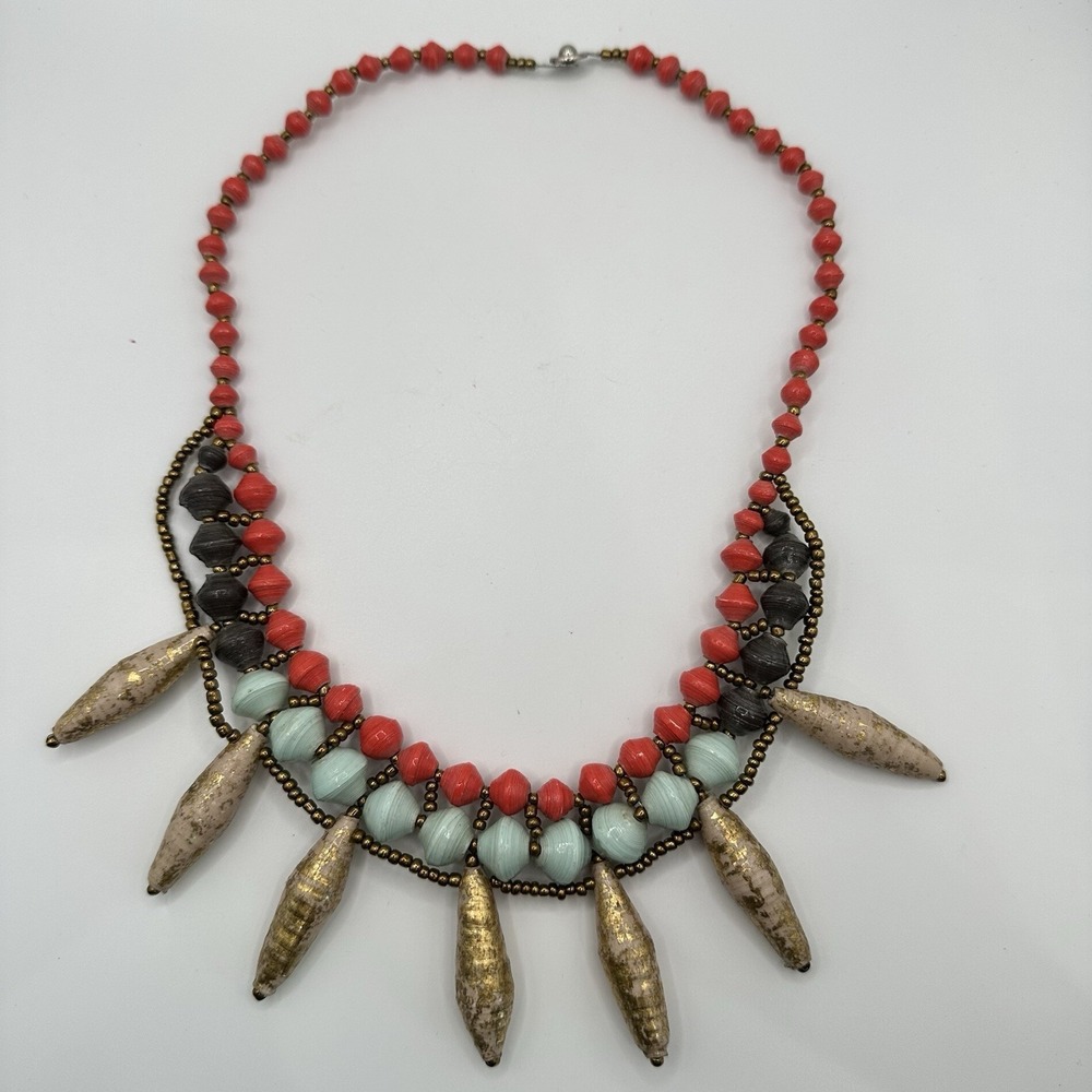 VTG Recycled Paper Bead Necklace Chunky Layered Coral‎ Mint Gold Tribal African - Picture 1 of 8